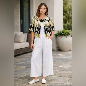 Claude Brown Linen Cropped Jacket – Graphic Modern Print | Size 4